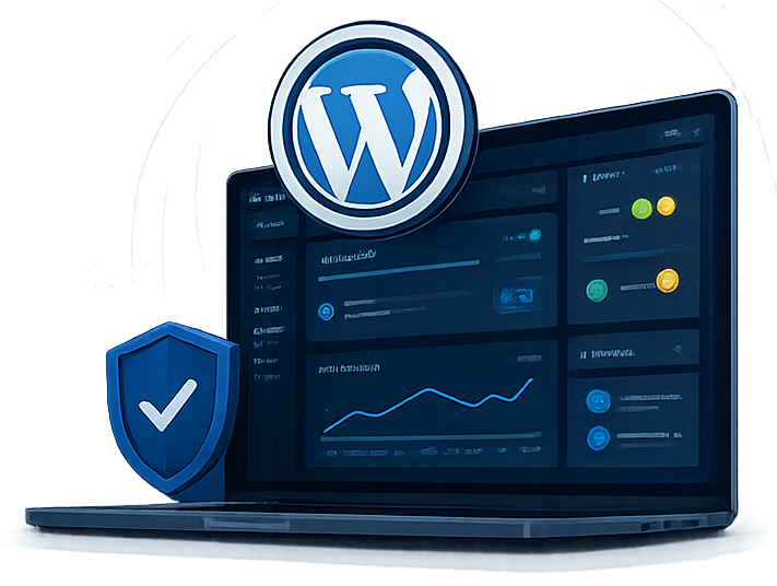 Dashboard WordPress su laptop con indicatori di sicurezza e performance