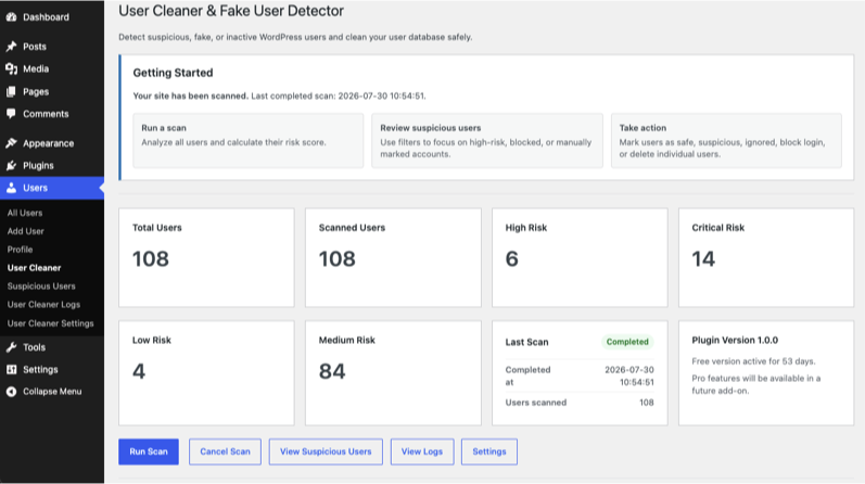 Tabella utenti del plugin Riskora User Scanner