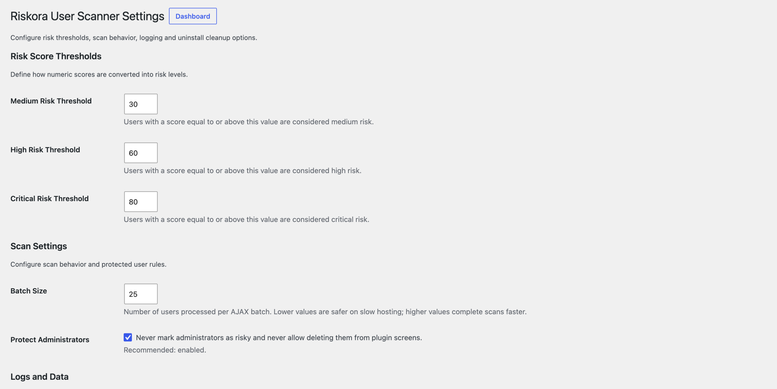 Impostazioni di Riskora User Scanner